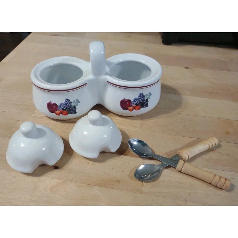 Houston Harvest Gift-Vintage Ceramic Jam/Jelly Server w/Handle, Lids and Spoons